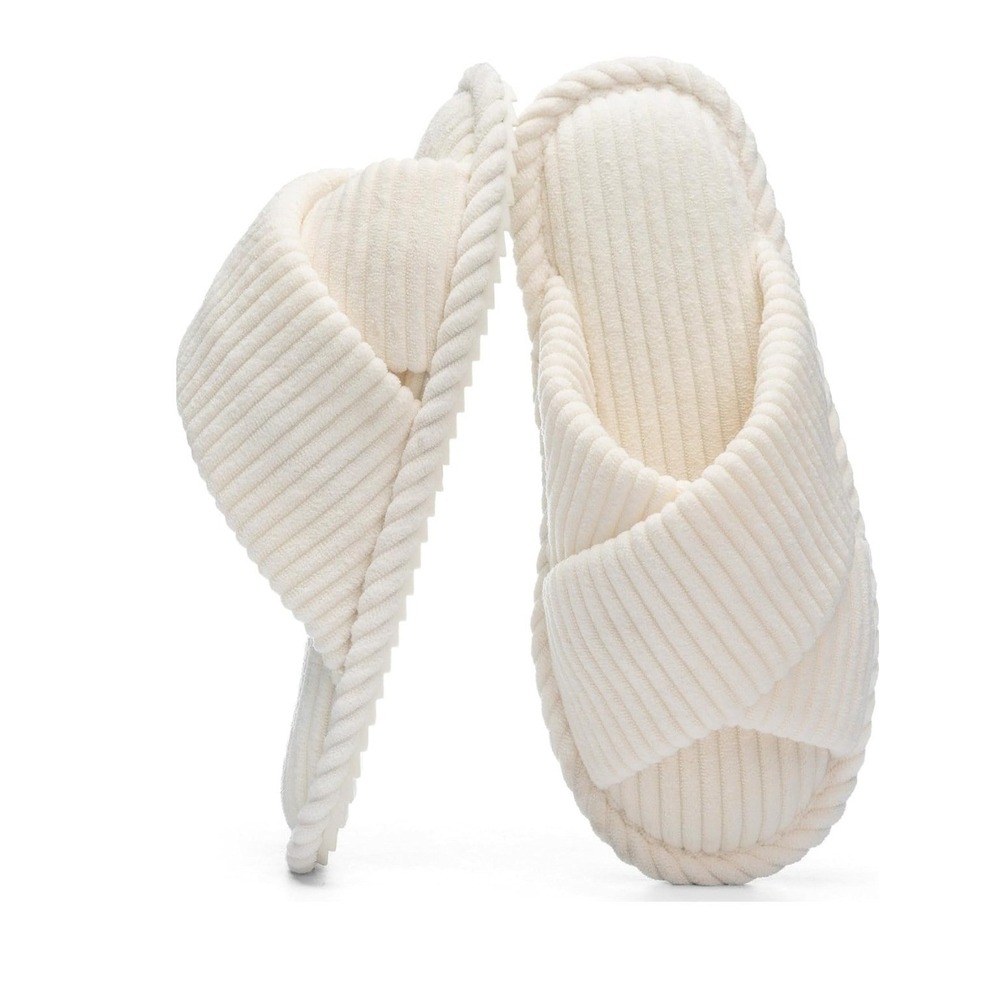 GOEWY Corduroy Slippers Women Size 6-7 Cream New Cross Band Memory Foam